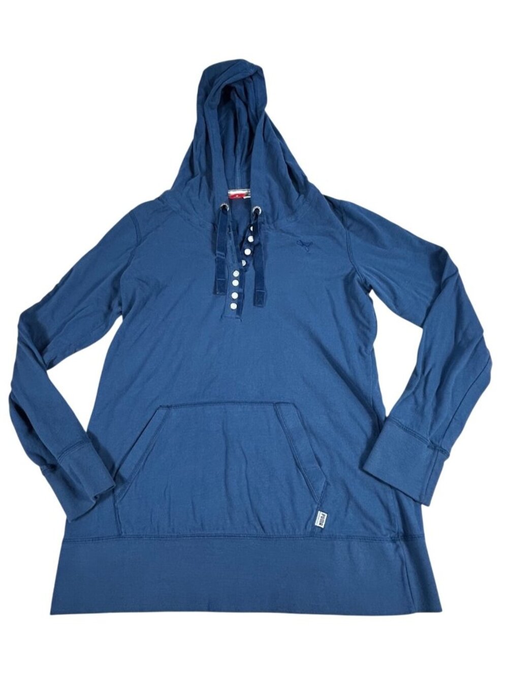 Puma Blue Hooded Long-Sleeve Pullover Sz L Buttons Stretch & Kangaroo Pocket